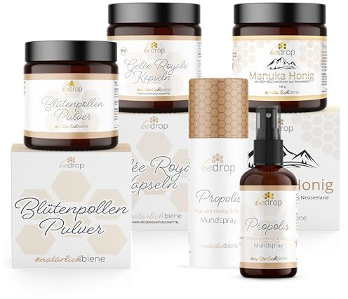 bedrop | Neujahres-Set | Bei Stoffwechsel, Wohlbefinden & Gewicht Heißhunger | Blütenpollenpulver, Gelee Royal Kapseln, Manuka Honig, Propolis Manuka Anis Spray