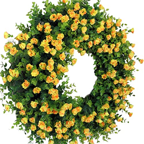 Frühlingskränze für die Haustür, 35Cm Großer Künstlicher Wildblumenkranz, Bunter Eukalyptus-Kranz, Sommerblumenkranz, Frühlings-Türkranz mit Grünen Blättern, Bauernhaus-Kranz, Innen-(Gelb)