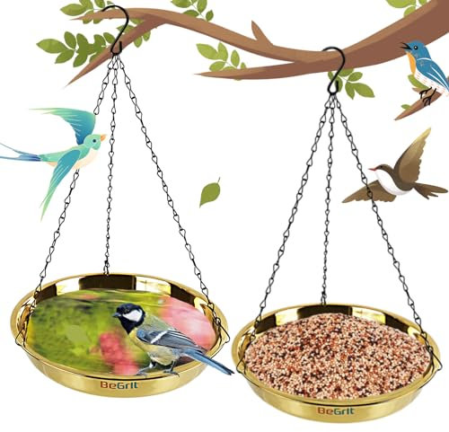 BeGrit 2 Pack Hanging Bird Bath 28cm Garden Birdbath Bowl Metal Feeding Station with Hook Hummingbirds Water Seed Tray Gold for Yard Lawn Wildlife Wild Birds Garden Oenament