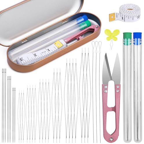 Perlennadel Set, Perlennadeln zum Auffädeln von Perlen, 9 Stück Langen Geraden Perlenfadennadeln, 21Großen Augen Perlennadeln, 3 zusammenklappbares Nadelöhr Perlennadel für Schmuckherstellung