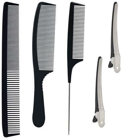 Ensemble de 5 Peignes de Coiffure Anti-Statique - 2 Pinces à Cheveux, 3 Tailles Différentes, Dents Fines et Larges - Résistant à la Chaleur