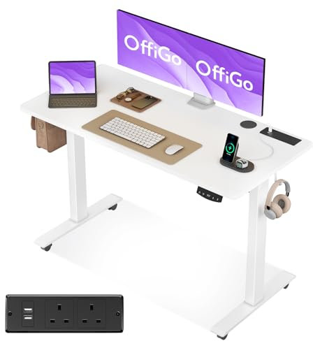 OffiGo Elektrischer Stehpult, höhenverstellbarer Bürotisch mit Steckdose, Sitz-Steh-ergonomischer Schreibtisch, 120 x 54 x 72 cm, Weiß
