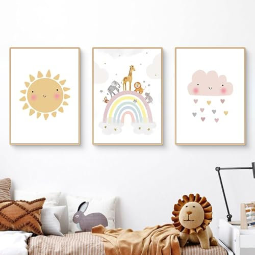 Ueiwffzo Bilder Kinderzimmer - 3er Set für Mädchen, Boho Regenbogen Sonne Wolke Leinwand Wandposter, Ohne Rahmen (40x50cm)