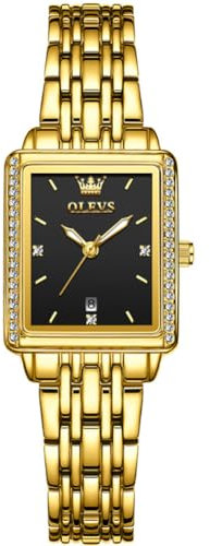 OLEVS Damenuhr Schwarz Rechteckig Wählscheibe Armbanduhr für Damen Gold Edelstahlband Klassisches Luxus Diamanten Uhr Stylish Analoger Quarz Datum Wasserdicht Damen Kleid Uhren