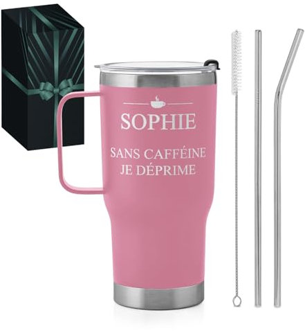 Maverton Mug Isotherme Personnalisable Rose en Acier Inoxydable 600 ml - Gobelet Isotherme avec Paille et Boîte Cadeau - avec brosse de nettoyage - Cadeau Femme Anniversaire cafe