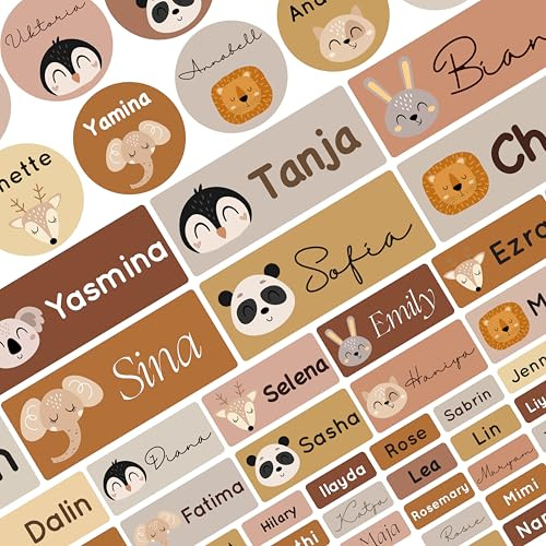 Petite Print® Namensaufkleber Kita-Set – (150 Stück) personalisierte Namensetiketten für Kleidung, Stifte & Gegenstände, wasserfest & waschmaschinenfest (Animal Faces – Tuscany Rose)