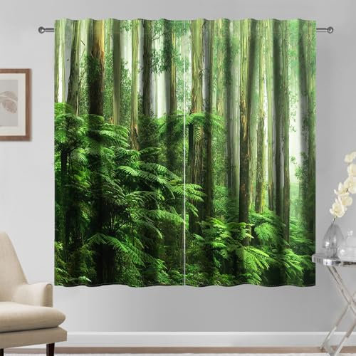 Kzzfqxb 132×214cm Waldvorhänge 2 Paneele, Grüner Wald Dschungel Üppige Büsche Sträucher Lebendige Bäume Tropischer Wald Waldhänge Fenstervorhänge für Wohnzimmer Schlafzimmer Ruhig Friedlich Still