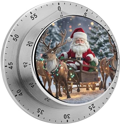 Mechanischer Edelstahl-Koch-Timer, Elch, Weihnachtsmann, Druck, 60 Minuten, Küchentimer, Countdown-Erinnerung, magnetisch, lauter Alarm (1 Stück)