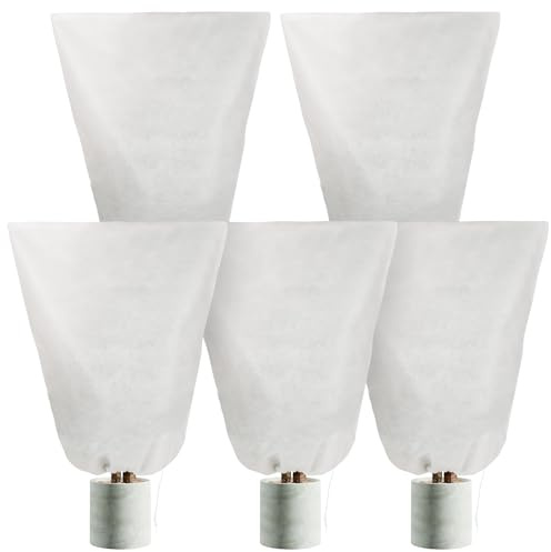 5 Pack Thick Winter Plant Fleece Frost Protection Covers, Reusable Garden Fleece Bags with Zipper & Drawstring, Breathable Cold Protection for Plants, Shrubs and Potted Trees (white, 60x80cm/5pcs)