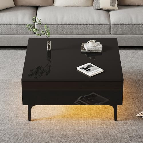 REXO Mesa de centro, mesa de café ajustable en altura con espacio de almacenamiento oculto y estantes, mesa de salón brillante, escritorio con LED, mesa de sofá con cajones, 70 x 70 x 35 cm