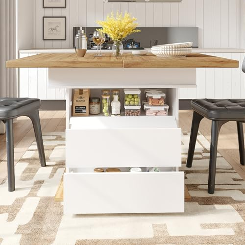 Soweiz Mesa de comedor telescópica (110-140 x 80 cm), mesa de cocina plegable para 4-6 personas, mesa de comedor extensible con tres estantes, ahorra espacio, para cocina y salón (blanco)