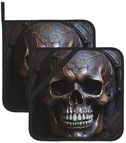 MSRHIUEF Copper-Colored Skull Picture Square Insulation Pot Mat (Two-Piece Set) for Kitchen Lid Removal, Microwave Ovens, Ovens, Featuring Side Hanging Rope