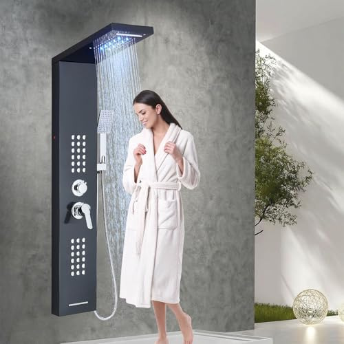 Sistema de Panel de Ducha LED Columna Ducha de Acero Inoxidable con Sistema LED y Columna de Hidromasaje – Ducha de Lluvia, Cascada, Masaje y Ducha de Mano para Baño
