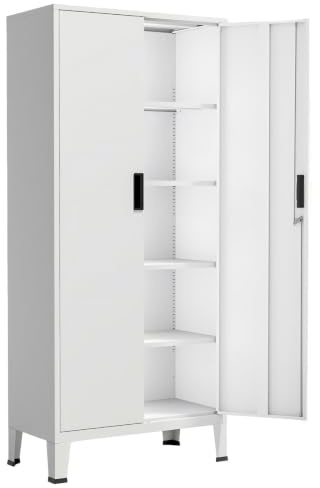 YOUDENOVA Aktenschrank, 180 x 80 x 40 cm Metall Aktenschrank Abschließbar mit 2 Türen, Mehrzweckschrank mit 5 Ebenen, Mehrzweckschrank mit verstellbare Ablagen, Weiß