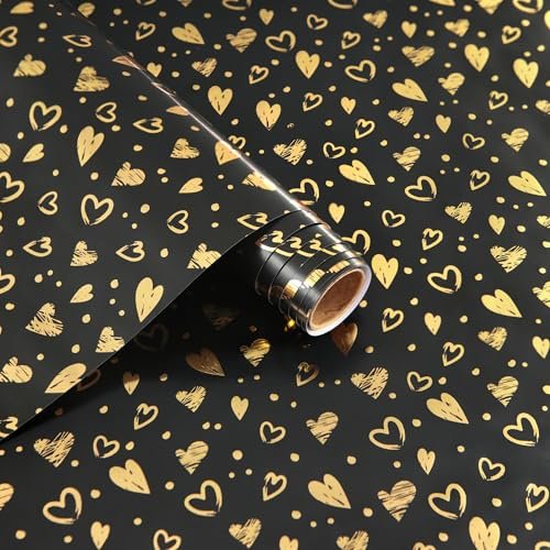 Geschenkpapierrolle mit Herzen, 1 Rolle, 43 x 300 cm, goldene Herzen, schwarzes Geschenkpapier, für Geburtstag, Valentinstag, Weihnachtsgeschenke, Hochzeitsgeschenke