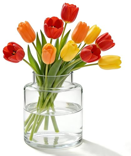 Jarrón Grande de Cristal Transparente, 18x15x11 cm, Jarrón Alto de Vidrio | Jarróns de Flores para Tulipanes y Rosas, Jarrones de Boca Ancha para Bodas, arreglos Florales, Centros de Mesa