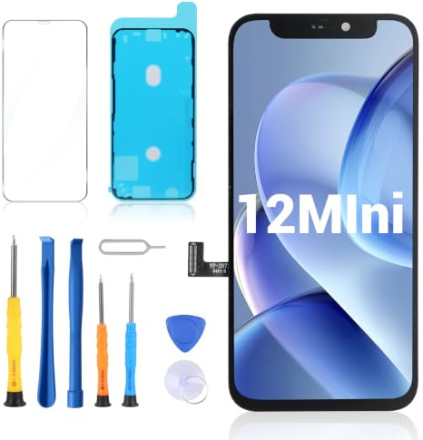 Hycago Display für iPhone 12 mini 5,4 Zoll Full HD LCD Bildschirm Ersatzset Touch Digitizer Montage mit Reparaturwerkzeugen & Displayschutzfolie