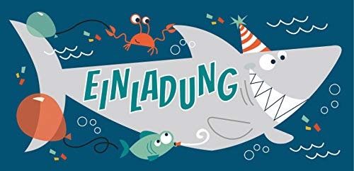 CardWheels 12 Einladungskarten Hai + 13 Aufkleber Gratis - Jungen Mädchen | Party Mitgebsel Karten Geburtstag Shark Fisch
