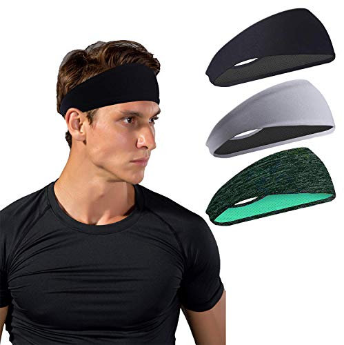 Stirnband Damen Herren Sport,Schweißband und Sport Stirnband Feuchtigkeitstransport Workout Schweißbänder für Laufen, Cross Training, Yoga und Fahrradhelm (3 Stück) Schwarz/Grau/Schwarzgrün