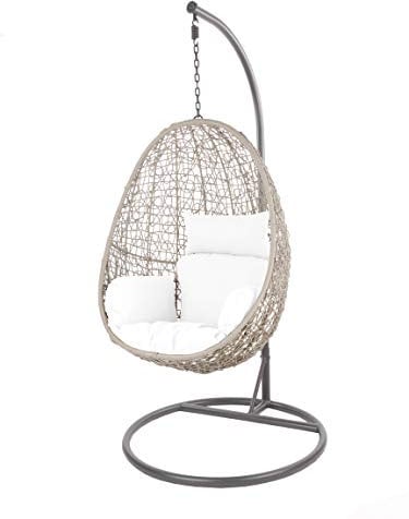Kideo Swing Chair Indoor & Outdoor, Loungesessel Polyrattan, Hängestuhl, Hängesessel mit Gestell & Kissen (grau/weiß)