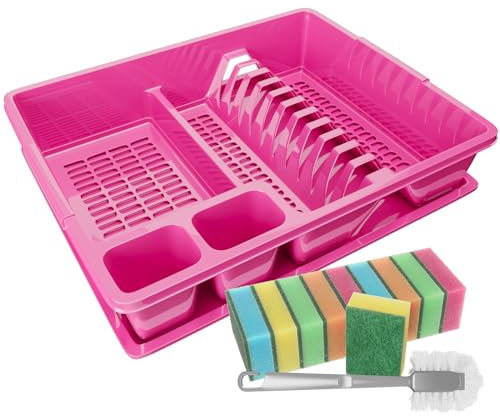 WELLGRO Abtropfgestell aus Kunststoff mit Reinigungsbürste und 10 Schwämmen - 44x35x9 cm (LxBxH) - Schale Geschirrkorb Abtropfkorb Abtropfgitter für Spüle Made in Europe, Farbe:Pink