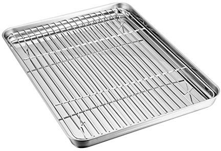 TEAMFAR Backblech mit Auskühlgitter, Edelstahl Backform Kuchenblech und Abkühlgitter zum Backen Kühlung Servieren, Gesund & ungiftig, Leicht zu reinigen und spülmaschinenfest (1 Tablett + 1 Grillrost)