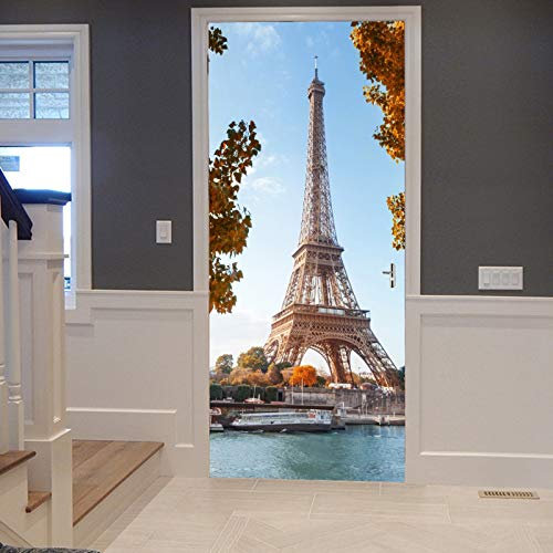 A.Monamour Türtapete Selbstklebend Türfolie Türposter 3D Eiffelturm Seine Fluss In Der Pariser Herbst Saison Vinyl Folie Türdeko Tapete Wandbild Türaufkleber Türtattoo 77x200cm