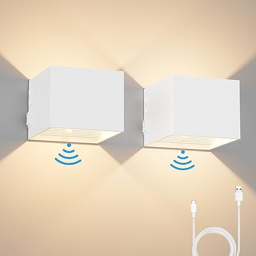 K-Bright 2PCS Applique da Parete Interno Ricaricabile USB, 5W Lampada da Parete Sensore di Movimento, Applique da Parete Senza Fili con Interruttore 3000K (Bianco)