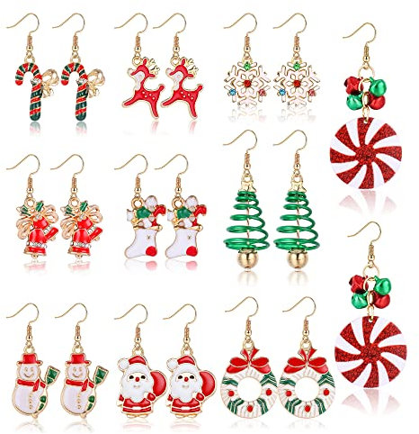 LOLIAS 10 Paar Weihnachten Ohrringe für Frauen - Weihnachtsbaum, Schneeflocke, Süßigkeiten, Weihnachtsmann, Jingle Bell, Schneemann - Urlaub Schmuck Geschenke Set Mit Clip On