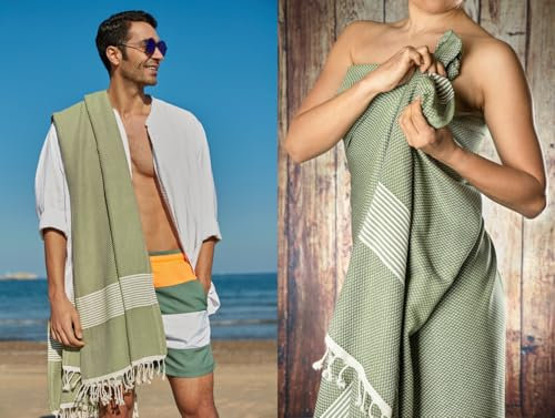 Happy Towels Hamamtuch 2-Stück Packung | Badetuch | Saunatuch | Extra Lang & Weich Gewebt | 210 cm x 95 cm | 60% Tencel™ Lyocell und 40% Baumwolle | Fairtrade (Olivgrün (2X), 2)