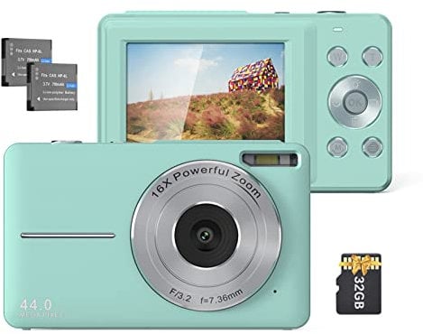 Camnoon 1080P 44 MP Digitalkamera Camcorder Autofokus 2,5 IPS-Bildschirm 16X Digitalzoom Anti-Shake-Gesichtserkennung, Lächelnerfassung mit 32 GB TF-Karte 2 Batterien, Geschenk für Kinder (Mintgrün)