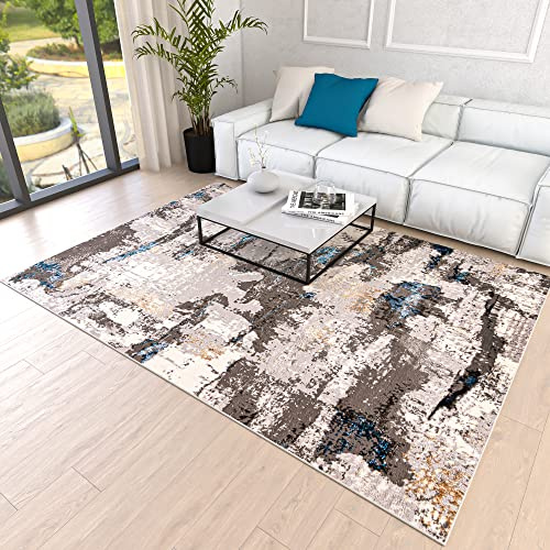 Mazovia Abstraktes Vintage Designer Teppich - Kurzflor - Weich Teppich für Wohnzimmer, Esszimmer - ÖKO-TEX Wohnzimmerteppich - Teppiche Beige Blau Grau 300 x 400 cm