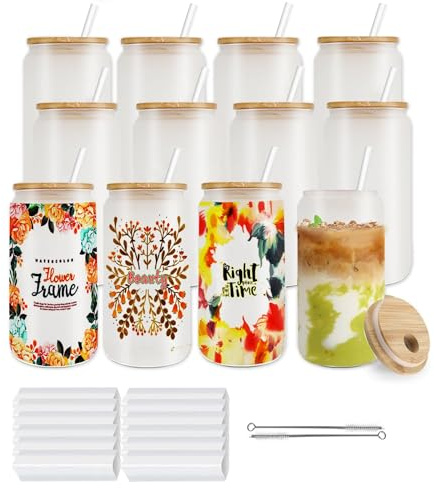 Kocdam 12 pack Sublimation Glass Cups, Frosted 16oz Blanks Beer Can Borosilicate Glasses Tumbler with Bamboo Lids and Straws for Beer, Juice, Soda, Iced Coffee