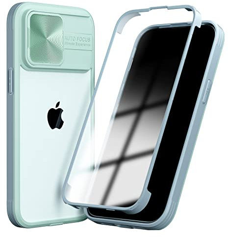 SharkProten Case Design for iPhone 13 Pro, 360° Full Body Protection Case with Slide Camera Cover Shockproof Bumper Slim Clear Back Phone Cover, Lightgreen + Gray