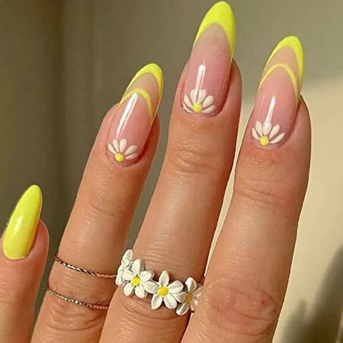 AKOFIC 24 Pièces Faux Ongles Français Court, Ovale Faux Ongles avec Colle à Ongles, Press On Nails Amande Faux Ongles à Coller Nail Art pour Femme et Fille (Fleur Jaune Nue)