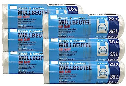 Müllbeutel Premium-Edition - Besonders reißfest und wasserdicht - Mit praktischem Trage-Griff für einfache Entsorgung und saubere Mülltrennung (35 Liter - 6 Rollen)