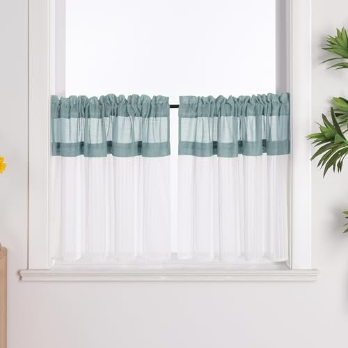 Joyswahl Leinenoptik Scheibengardinen Landhaus »Leni« Cáfe Gardinen Küche Kurz Weiß Bistrogardinen Kurzstores Grün HxB 45x90cm 2 Stück