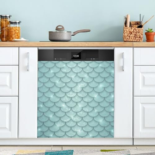 Shiny Mermaid Scales Green Magnetic Dishwasher Covers Clean Dirty Dishwasher Cover Panel Kitchen Cabinet Decor 23 x 26 Inch