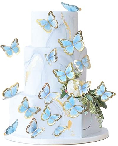 Blumomon 30Pcs 3D Butterfly Cake Topper Decorations Blue Gold Edge Mixed Size Butterfly Cupcake Toppers Picks Wedding Baby Shower Party Wedding Anniversary Birthday Party Cupcake Decoration