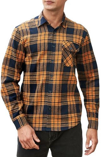 HISDERN Herrenhemden, langärmelig, lässig, Kariertes Flanellhemd, kariert, Button-Down-Hemden, Marineblau/Karamell, 2XL