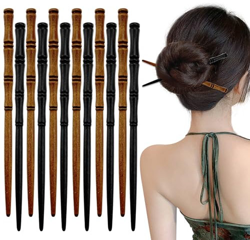 12 PCS Wood Hair Sticks Hair Chopsticks, Bamboo Shape Hair Holder Chinese Retro Hairpins Chopstick Carved Hair Sticks for Hair DIY Accessory for Woman Girls