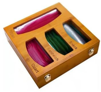 JEMSKAL Ziplock Beutel Aufbewahrungs-Organizer für Küchenschublade, Bambus-Baggyhalter, kompatibel mit Ziplock, Solimo, Glad, Sandwich und Snack, verschiedene Größen (Im Box) mit 4 Fächern.