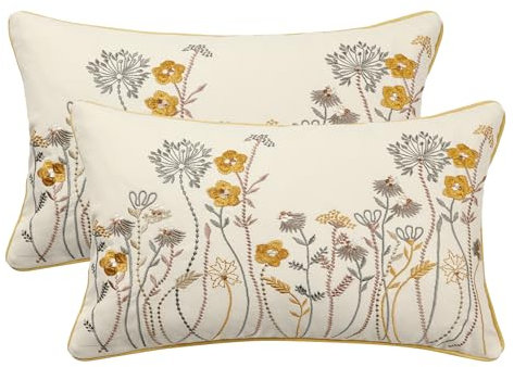 Tosleo 2 Stück Kissenbezug Stickerei 30 x 50 cm Frühling Sommer Gelbe Blüten Dekorative Wurfkissenbezüge für Gartenlounge Sofa Dekokissen Wohnzimmer Schlafzimmer
