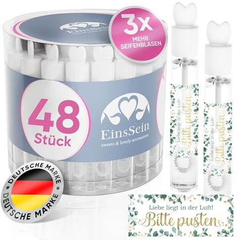 EinsSein Seifenblasen Hochzeit Lovegläschen mit Bitte Pusten gold-grün Aufkleber - 48 Stück - Set weiss für Gastgeschenk Hochzeit, Verlobung, Taufe, Deko Hochzeit - Ideen Sektempfang Hochzeit,