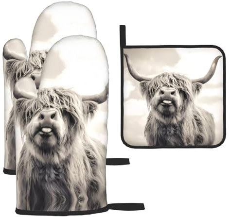 Chrysm Funny Highland Cow Oven Mitts and Potholders BBQ Gloves and Holders for Cooking Baking (3-Piece Set)