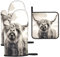 Chrysm Funny Highland Cow Oven Mitts and Potholders BBQ Gloves and Holders for Cooking Baking (3-Piece Set)