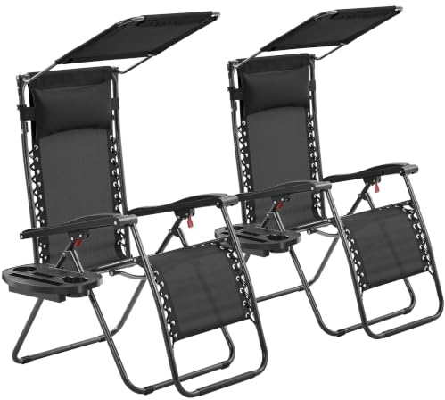 Yaheetech 2pcs Zero Gravity Chair with Sunshade & Side Tray, Black | Wide Folding Patio Recliner Set | Convenient Carry Strap & Soft Pillow & Cupholder | For Poolside Backyard and Beach