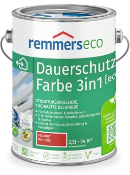 Remmers Dauerschutz-Farbe 3in1 [eco] feuerrot (RAL 3000), 2,5 Liter,für innen und außen, 3in1: Isoliergrund, Zwischen- und Schlussbeschichtung