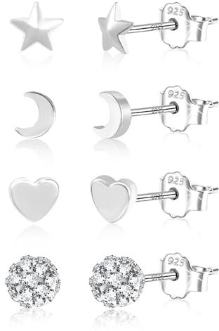 Silber 925 Ohrringe Ohrstecker Damen, Kleine Ohrstecker Set Hypoallergenes Sterling Silber Ohrringe kleinen Kugel Herz Stern Mond Zirkonia Kleine Ohrring Set für Mehrere Piercings Damen Mädchen