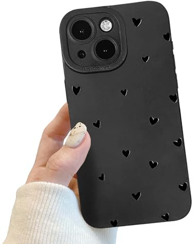 Compatible for iPhone 15 Case, Black Cute Heart Case Design for Women Girls, Soft TPU Slim Profile, Anti-Slip Shockproof Protective Phone Cover for iPhone 15